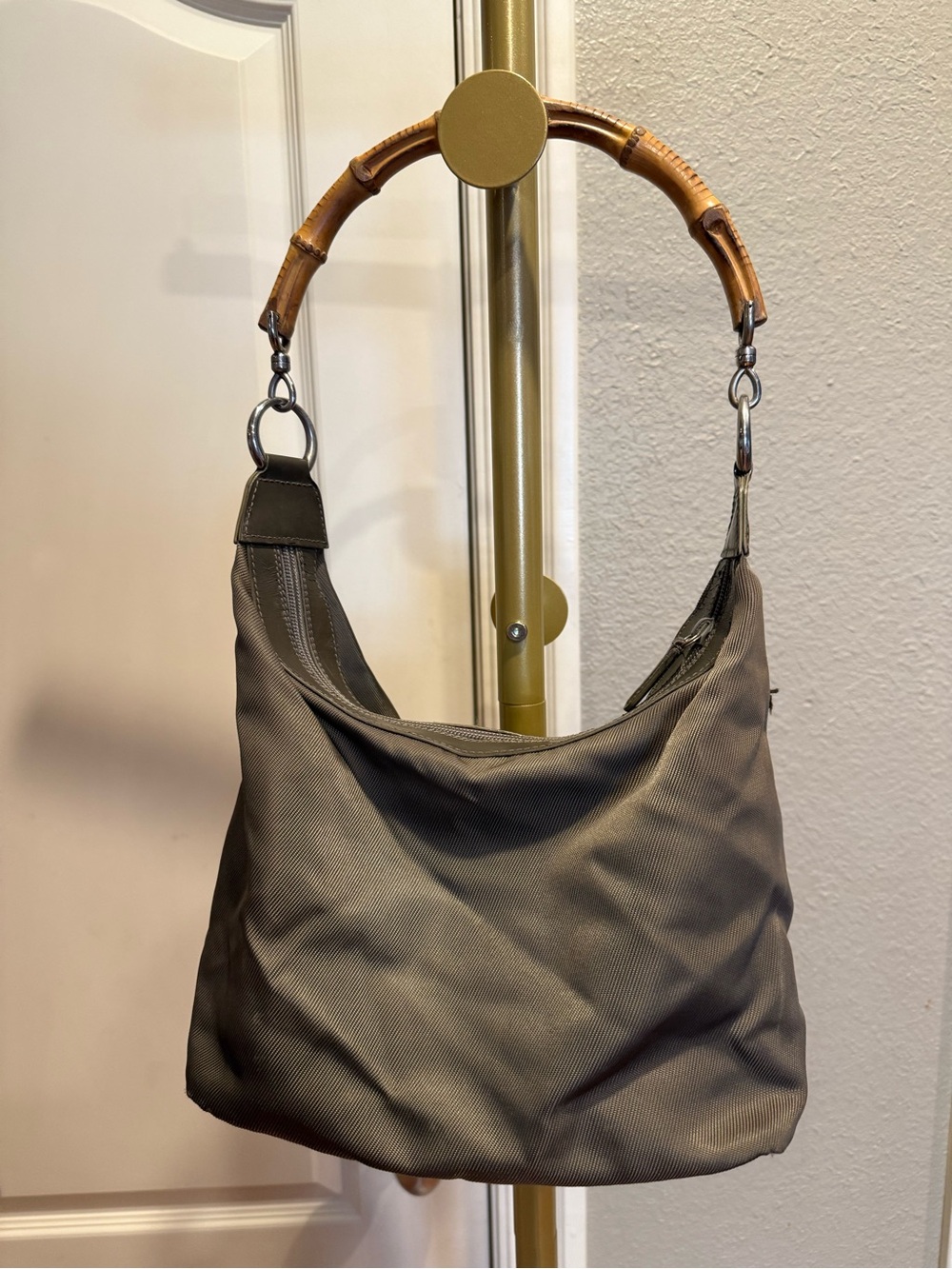 Vintage Gucci Olive Green Nylon Bamboo Shoulder Bag